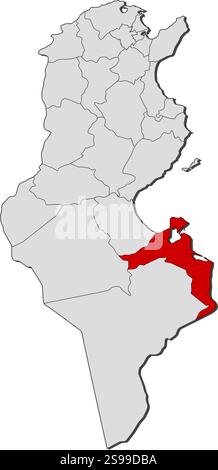 Carte de Tunisie avec les provinces, Médenine est mis en évidence. Illustration de Vecteur