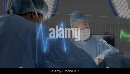Chirurgiens pratiquant une opération avec une image de fréquence cardiaque sur la scène médicale Banque D'Images