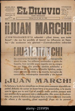 España. Guerra civil (1936-1939). Portada del Periódico republicano El Diluvio, Barcelone, julio de 1936. Banque D'Images