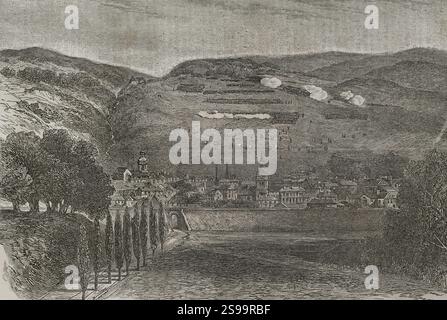 Guerre franco-prussienne (1870-1871). Bataille de Saarbrücken (2 août 1870). L'armée française du Rhin, avec le 2e corps du général Frossard et le 3e corps du maréchal Bazaine, franchit la frontière allemande et engagea le 40e régiment de fusiliers Hohenzollern de la 16e division d'infanterie, qui défendait la ville de Saarbrücken (Allemagne). Les Français furent victorieux. Gravure. Historia de la Guerra de Francia y Prusia (histoire de la guerre entre la France et la Prusse). Volume I. publié à Barcelone, 1870. Banque D'Images