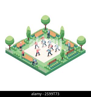 Personnes âgées isométriques s'exerçant dans un parc. Concept de vieillissement sain Illustration de Vecteur