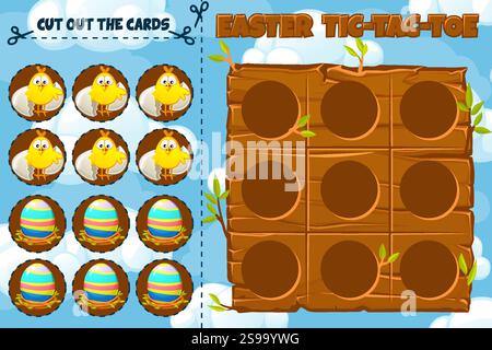 Jeu de société TIC-Tac-TOE. Thème de Pâques avec des cartes pousses et œufs. terrain de jeu de plateau avec des personnages mignons. Feuille de travail imprimable pour les vacances de printemps Illustration de Vecteur