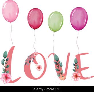 Amour botanique avec vecteur de ballons d'aquarelle, amour avec vecteur botanique de ballons Illustration de Vecteur