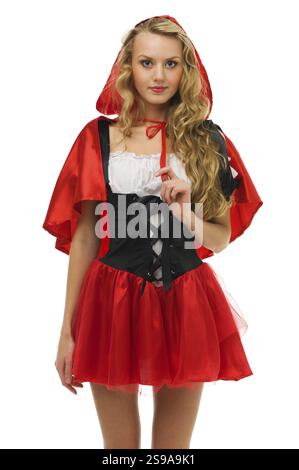 Belle femme dans un costume de carnaval. Petite hotte rouge. Image unique, ST. Pétersbourg, Russie, Europe Banque D'Images