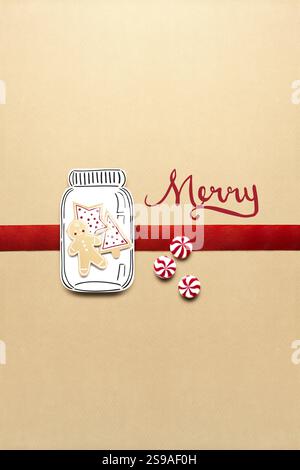 Photo de concept créatif de bonbons de Noël et homme en pain d'épice sur un fond brun Banque D'Images