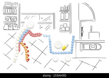 Concept de médecine créative et de soins de santé de pilules, de médicaments dans un chariot de magasinage, fait sur fond sommaire Banque D'Images