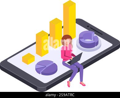 Femme d'affaires assise sur smartphone à l'aide d'un ordinateur portable analysant des graphiques et des graphiques financiers, illustration vectorielle isométrique de l'analyse commerciale et concept de bureau mobile Illustration de Vecteur