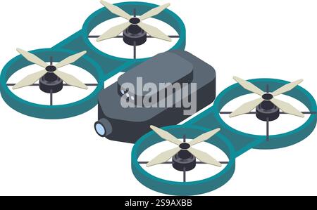 Illustration isométrique d'un drone moderne et épuré avec quatre hélices et une caméra. Idéal pour les applications de haute technologie telles que la photographie aérienne et la surveillance Illustration de Vecteur