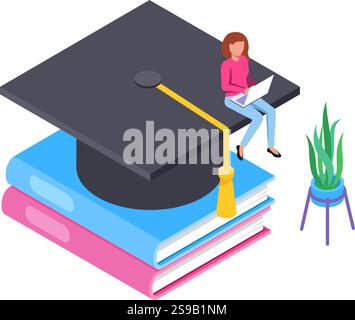 Le concept isométrique de l'éducation en ligne montre l'étudiant travaillant sur un ordinateur portable assis sur le chapeau de graduation placé sur les livres, symbolisant l'apprentissage en ligne et académique Illustration de Vecteur