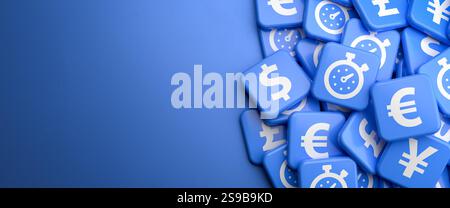 Le temps est un concept d'argent. Plusieurs tuiles avec un symbole d'horloge et des symboles de devise sur un tas Banque D'Images
