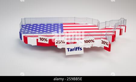 Concept : protectionnisme commercial par les États-Unis d'Amérique en appliquant des tarifs douaniers. Une clôture de sécurité construite autour d'une carte 3D des Etats-Unis avec des signes 'Ta Banque D'Images