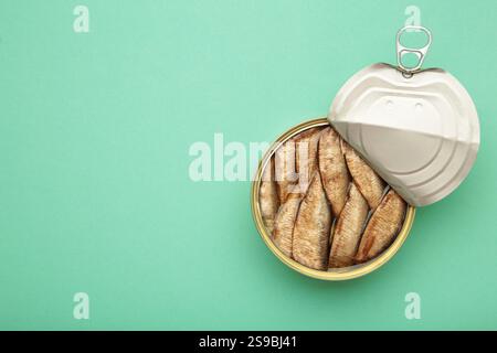 Poisson sprat fumé en conserve dans l'huile dans le pot sur fond de menthe. Banque D'Images
