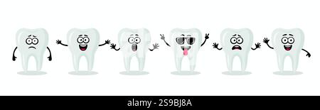 Adorable personnages Tooth montrant différentes émotions. Illustration de dents vectorielles plates - expressions heureuses, excitées, tristes, effrayées. Conception mignonne des dents Illustration de Vecteur