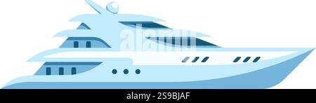 Yacht de luxe moderne naviguant gracieusement sur l'eau, présentant une vue latérale saisissante d'un grand navire blanc orné d'élégants détails bleus, incarnant le voyage maritime et un style de vie somptueux Illustration de Vecteur
