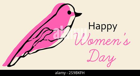 Illustration Happy Women Day mettant en vedette un oiseau rose et une typographie élégante Illustration de Vecteur