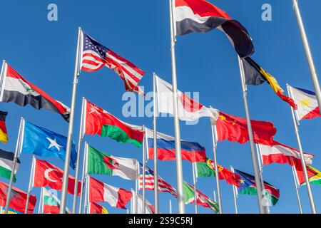 Les drapeaux nationaux de nombreux pays du monde agitent ensemble sur le vent, avec les bannières USA, Irak, Oman, Somalie et Koweït au premier plan, Doha, Qatar Banque D'Images