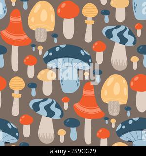 Motif coloré de champignons avec champignons fantaisistes, tabourets et éléments forestiers. Parfait pour les thèmes boisés, les designs saisonniers ou botaniques Illustration de Vecteur