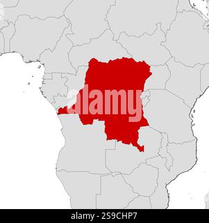 Carte de la République démocratique du Congo et des pays voisins, République démocratique du Congo est surligné en rouge. Illustration de Vecteur