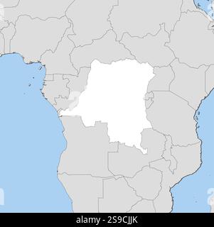 Carte de la République démocratique du Congo et des pays voisins, la République démocratique du Congo est surlignée en blanc. Illustration de Vecteur