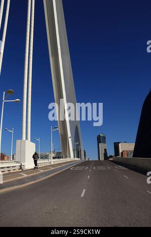 Valence, Espagne- 27 décembre 2024 : détails architecturaux du pont Azud del Oro dans la Cité des Arts et des Sciences, conçu par Santiago Calatrava Banque D'Images
