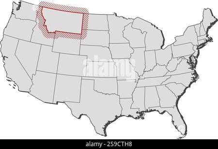 Carte des États-Unis avec les provinces, le Montana est mis en évidence par un hachurage. Illustration de Vecteur