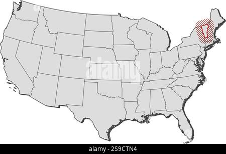 Carte des États-Unis avec les provinces, le Vermont est mis en évidence par un hachurage. Illustration de Vecteur