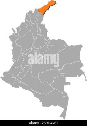Carte de Colombie avec les provinces, la Guajira est surligné en orange. Illustration de Vecteur
