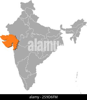 Carte de l'Inde avec les provinces, Gujarat est surligné en orange. Illustration de Vecteur