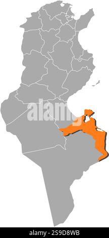 Carte de la Tunisie avec les provinces, Médenine est surlignée en orange. Illustration de Vecteur