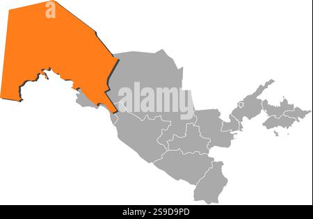 Carte d'Ouzbékistan avec les provinces, Karakalpakstan est souligné par orange. Illustration de Vecteur