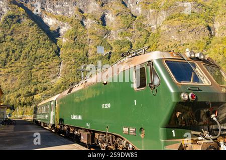 Gare du village de Flam avec le train Flam se préparant à partir pour son voyage à Myrdal, Aurland, Norvège, Europe, 2024 Banque D'Images