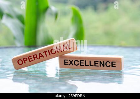 Texte d'excellence opérationnelle sur blocs de bois. Culture du concept d'amélioration continue. Banque D'Images