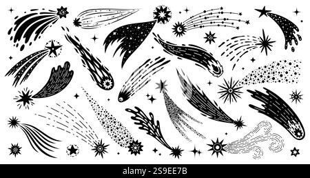 Doodle Shoot étoiles spatiales avec des traînées, des comètes de galaxie et des météores, icônes vectorielles. Étoiles filantes ou dessin animé ligne de feux d'artifice étincelants et feu d'artifice Illustration de Vecteur