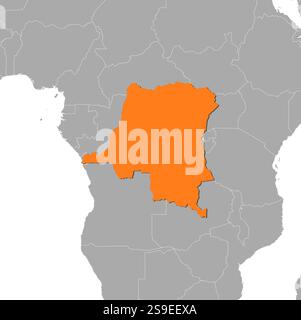 Carte de la République démocratique du Congo et des pays voisins, la République démocratique du Congo est surlignée en orange. Illustration de Vecteur