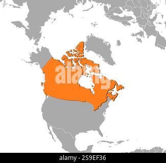 Carte du Canada et des pays voisins, le Canada est surligné en orange. Illustration de Vecteur