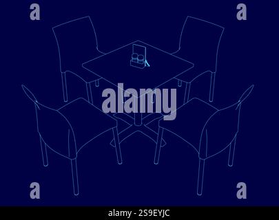 Dessin bleu d'une table avec quatre chaises autour. Les chaises sont toutes alignées et la table est au milieu Illustration de Vecteur