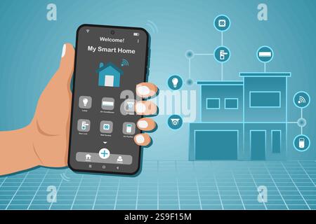 Main tenant un smartphone pour utiliser l'application maison intelligente. Interface de la technologie Smart Home sur l'application smartphone. Illustration vectorielle. Illustration de Vecteur