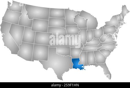 Carte des États-Unis avec les provinces, rempli d'un gradient radial, Louisiane est mis en évidence. Illustration de Vecteur