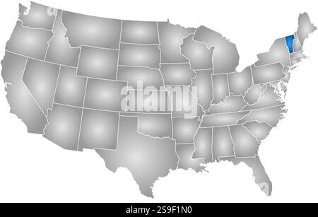Carte des États-Unis avec les provinces, rempli d'un gradient radial, Vermont est mis en évidence. Illustration de Vecteur