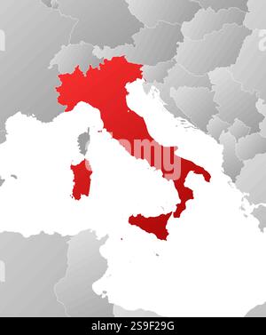 Carte de l'Italie avec les provinces et les pays voisins, rempli d'un gradient linéaire. Illustration de Vecteur