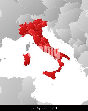 Carte de l'Italie avec les provinces et les pays voisins, rempli d'un gradient linéaire. Illustration de Vecteur