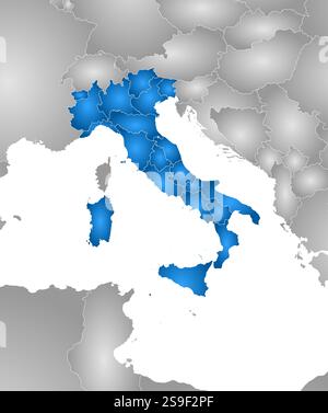 Carte de l'Italie avec les provinces et les pays voisins, rempli d'un gradient radial. Illustration de Vecteur