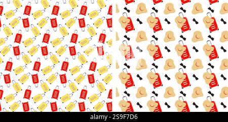 Valise de voyage sur roues chapeau à large bord et lunettes de soleil motifs sans couture. Journée mondiale du tourisme fond. Illustration vectorielle isolée cartes thématiques fond d'écran, affichage, bannière ou prospectus web promo, prix Illustration de Vecteur