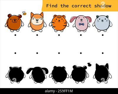 Trouver l'ombre correcte, jeu d'éducation pour les enfants. Jeu d'appariement d'ombres. Associez l'animal à la silhouette Illustration de Vecteur