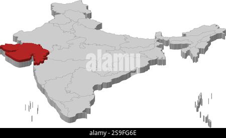 Carte de l'Inde comme une pièce grise., Gujarat est surligné en rouge. Illustration de Vecteur