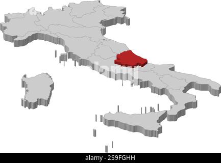Carte de l'Italie comme une pièce grise., Abruzzes est mis en évidence en rouge. Illustration de Vecteur
