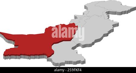 Carte du Pakistan comme une pièce grise., Baloutchistan est surligné en rouge. Illustration de Vecteur