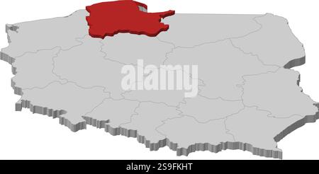 Carte de la Pologne comme une pièce grise., Pomeranian est mis en évidence en rouge. Illustration de Vecteur