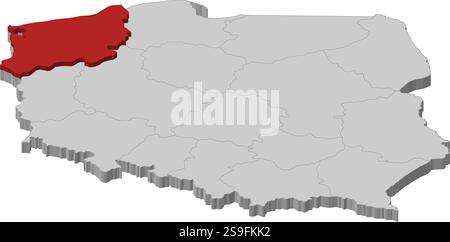 Carte de la Pologne comme une pièce grise., Poméranie occidentale est surlignée en rouge. Illustration de Vecteur