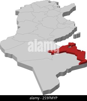 Carte de la Tunisie en tant que pièce grise, Médenine est surlignée en rouge. Illustration de Vecteur